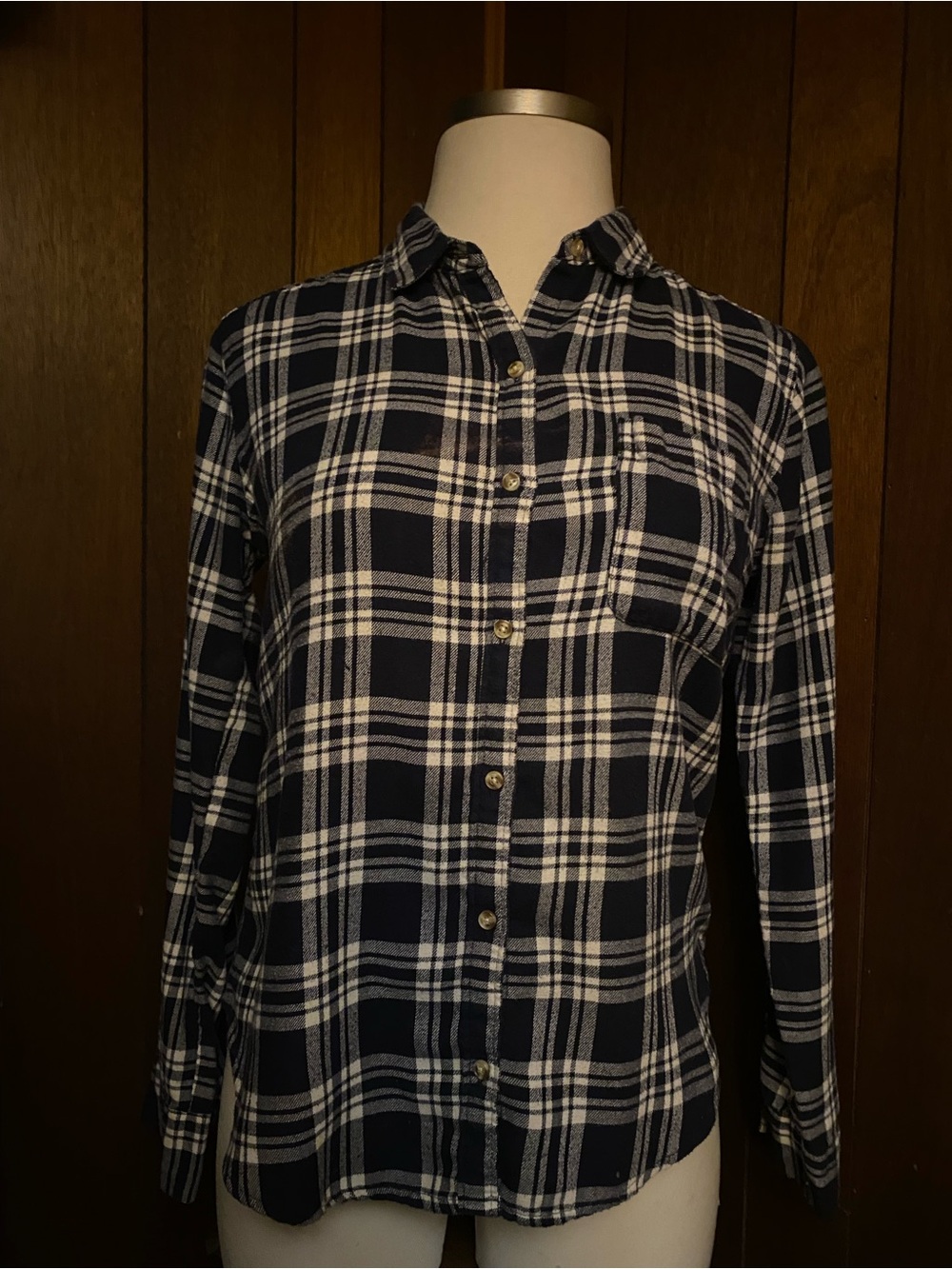 Hollister Navy and White Plaid Flannel Button-Up Shirt